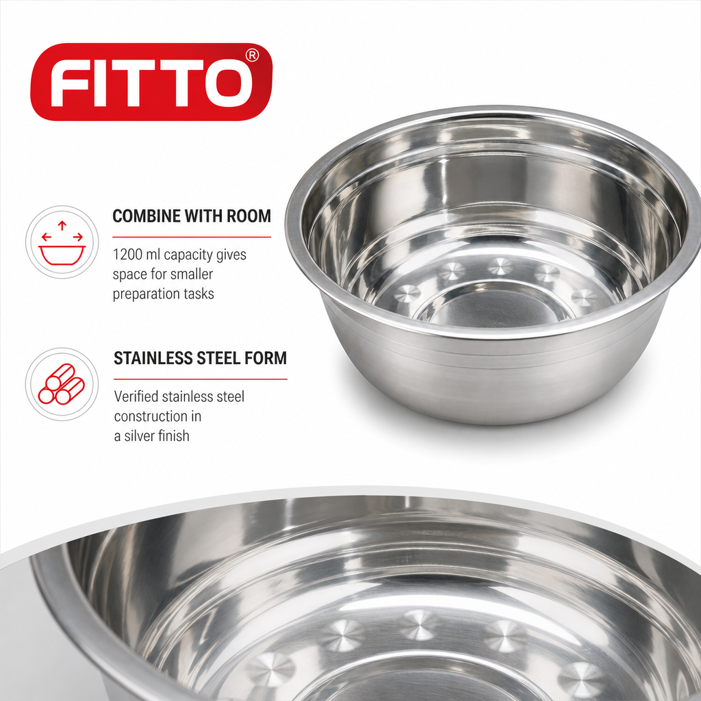 120 Pieces Stainless Steel Mixing Bowl, 1200 ml, 20 x 6 cm, Silver, 1 Piece