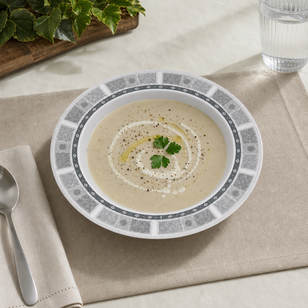 120 Pieces Soup Plate, 9 Inch, Grey With Geometric Border, Round Tablewares Dish