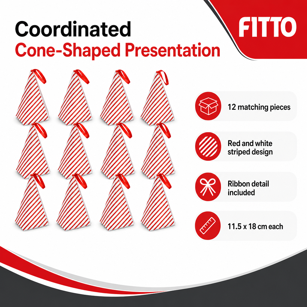 96 Pieces Red and White Cone-Shaped Favor Boxes with Ribbon, 11.5 x 18 cm, 12 Pieces