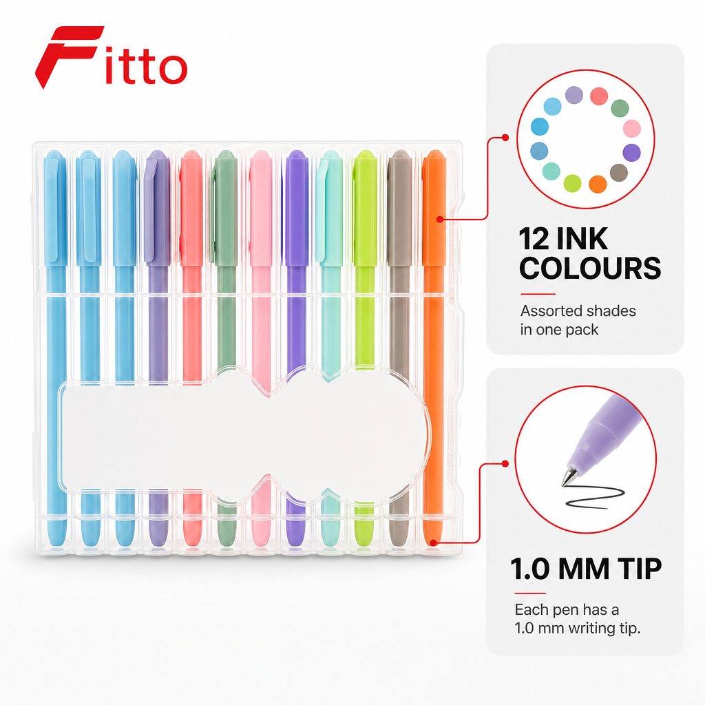 120 Pieces Ball Pens 1.0 mm, 12 Ink Colours, Assorted Colour Writing Pens, 12-Pack