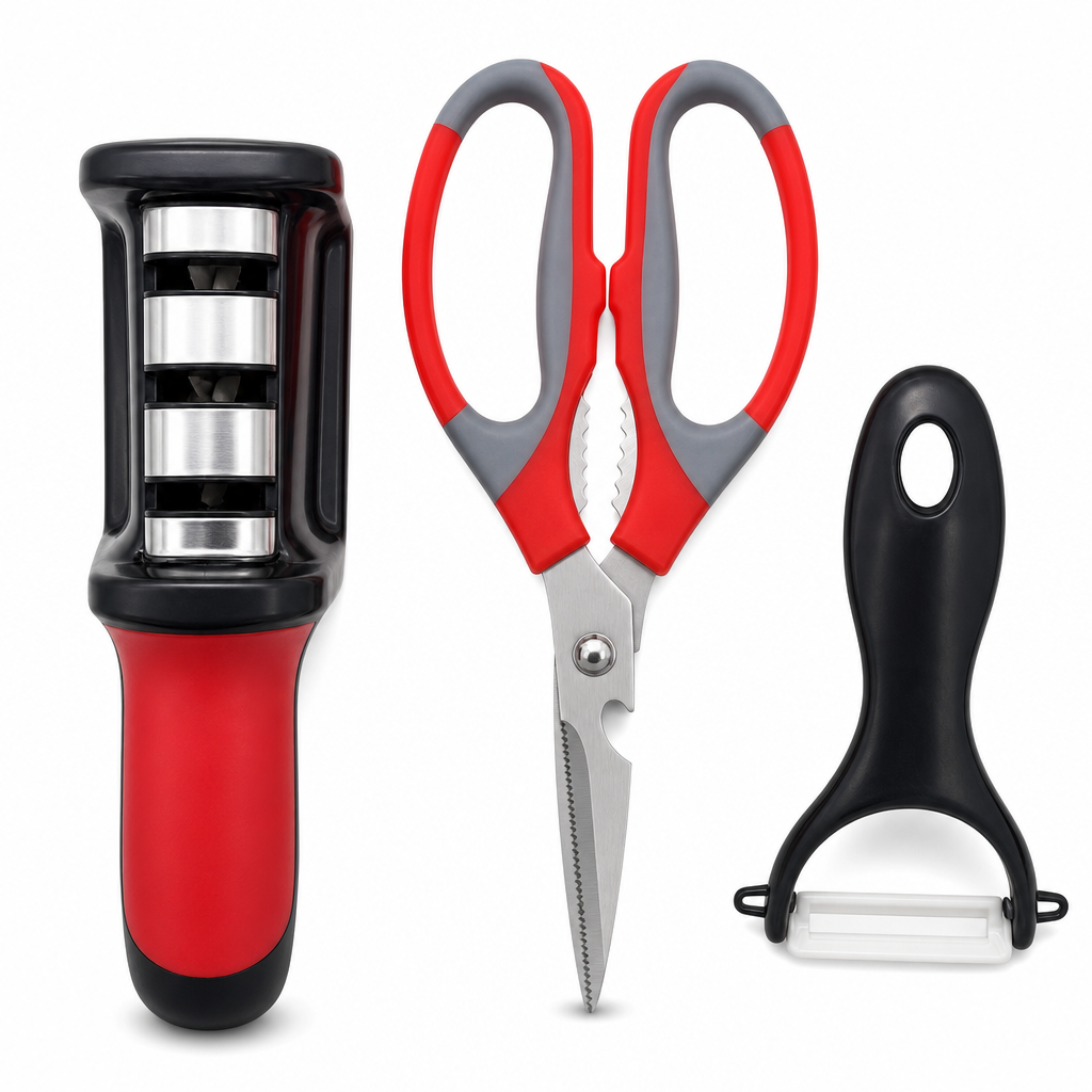 96 Pieces Kitchen Tool Set with Scissors, Knife Sharpener and Peeler, 3 Pieces