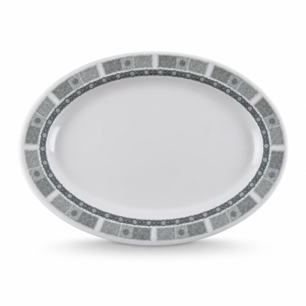 96 Pieces Melamine Oval Serving Plate, 17 Inch Grey Tablewares with Geometric Border for Serving