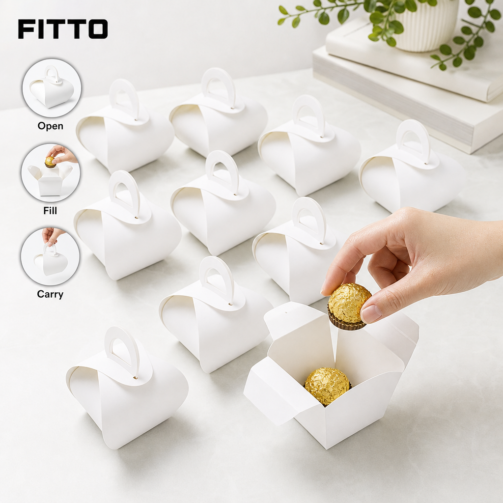 96 Pieces Candy Favor Boxes with Handles, White, 9.5 x 9.5 x 10 cm, 12 Pieces