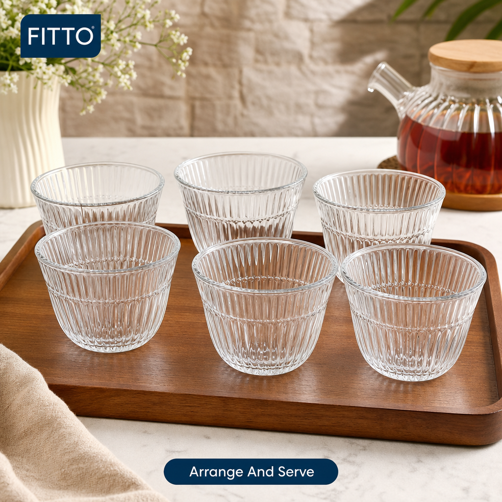 96 Pieces Clear Glass Cawa Cups with Deep Fluted Design, 6-Piece Set