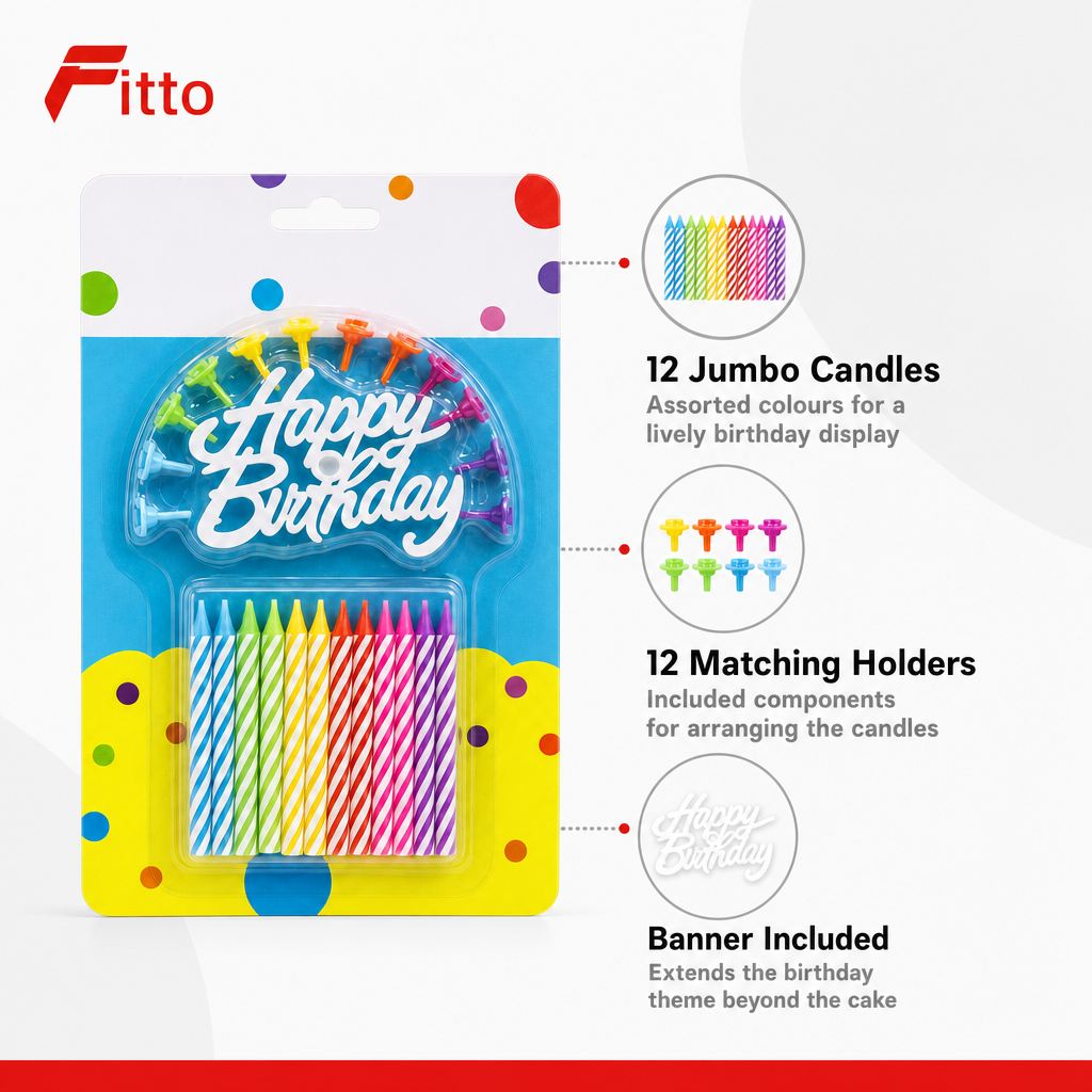 144 Pieces Birthday Candle Set, Assorted Colour, 12 Jumbo Candles, 12 Holders and Banner, 1 Set