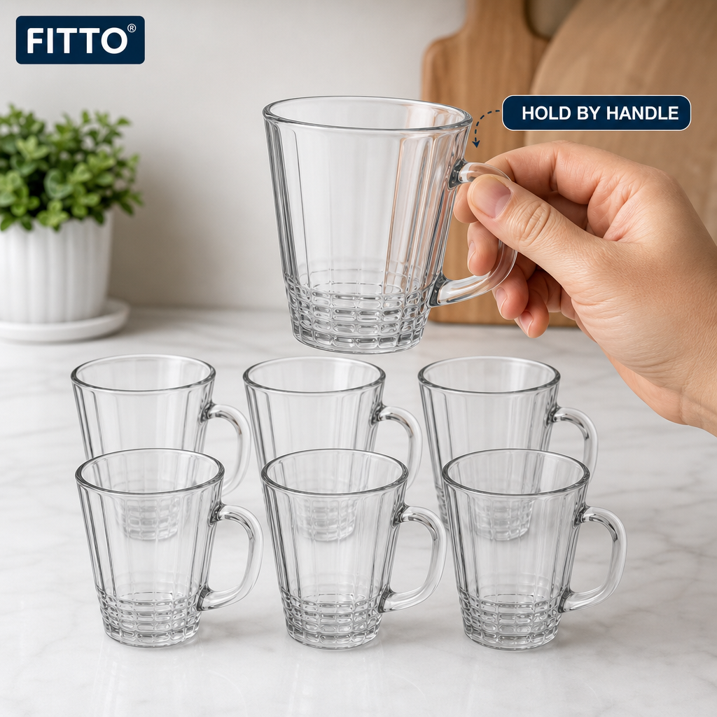 96 Pieces Glass Cup Set, 240 ml Clear Handled Cups for Tea, Coffee and Beverages, 6 Pieces