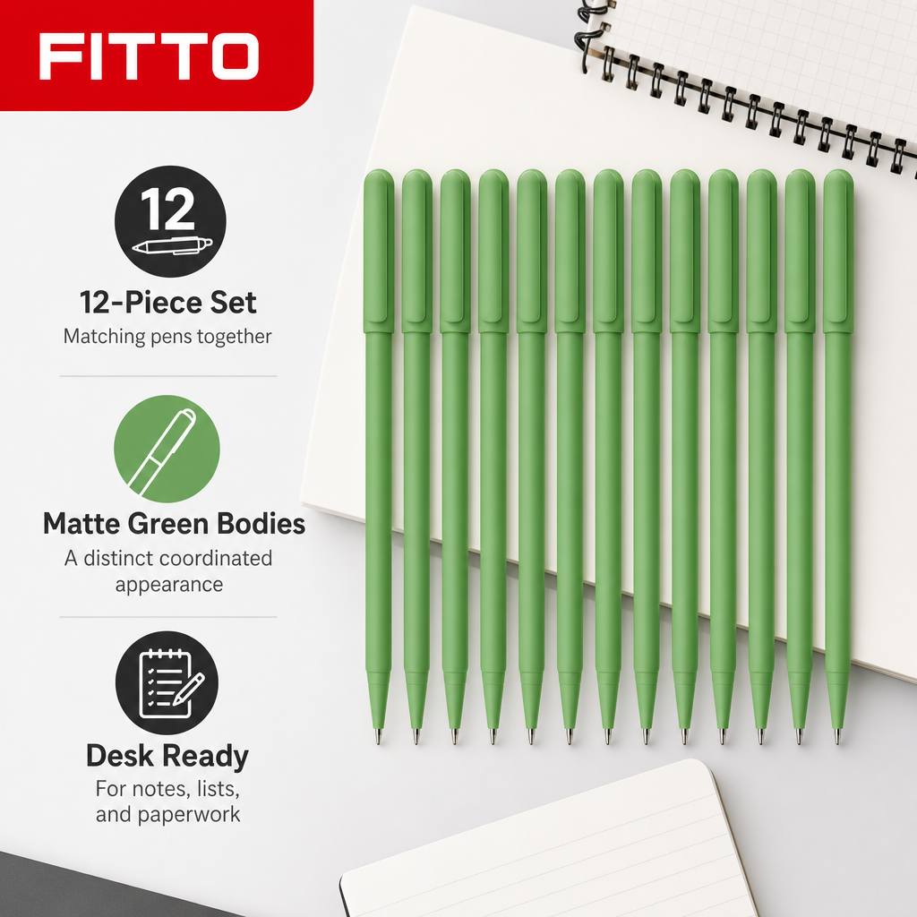 144 Pieces Ball Pens, Green Matte Body, 12 Pack, Office and School Writing Supplies