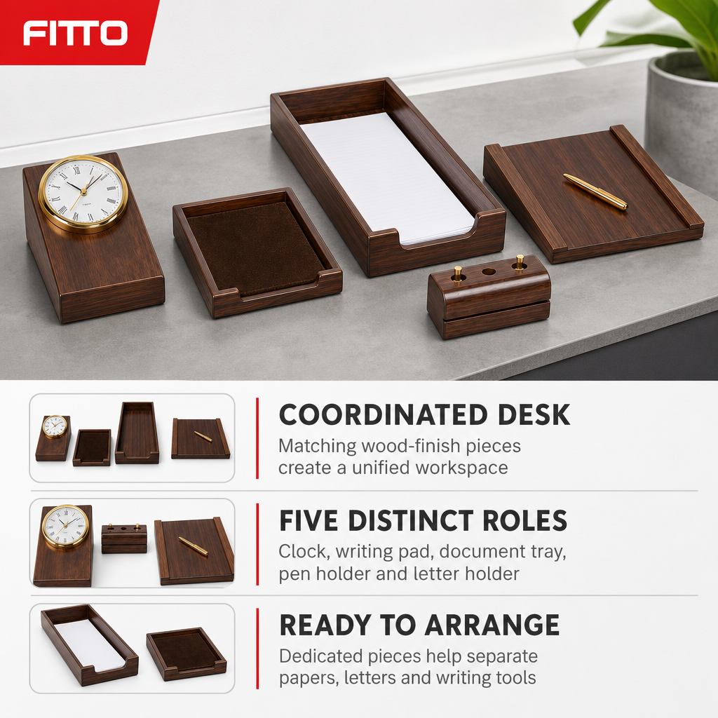 48 Pieces 5-Piece Executive Desk Set with Clock, Writing Pad, Document Tray, Pen Holder and Letter Holder, Wood-Finish