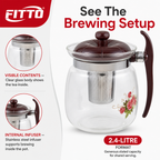 72 Pieces Glass Teapots 2.4-Litre with Stainless Steel Infuser, Brown Handle and Floral Print