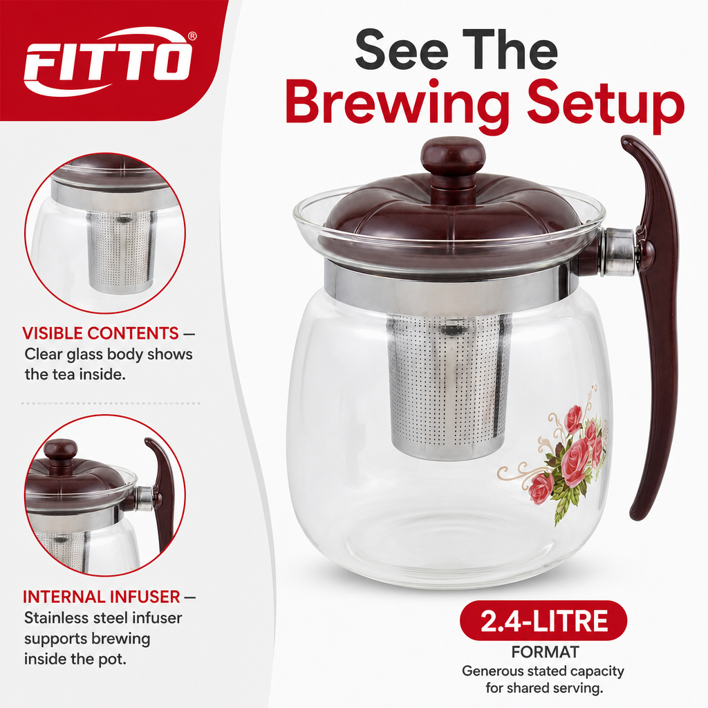 72 Pieces Glass Teapots 2.4-Litre with Stainless Steel Infuser, Brown Handle and Floral Print