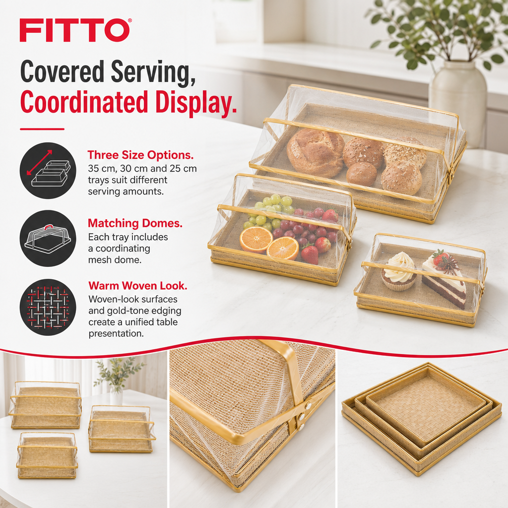 48 Pieces 3-Piece Rectangular Woven Food Cover Tray Set with Mesh Domes, 35/30/25 cm