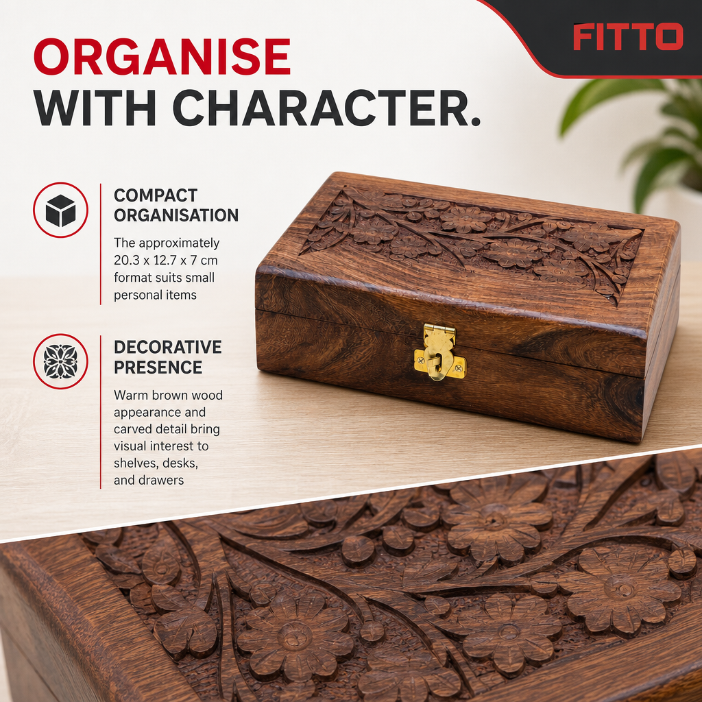 120 Pieces Wooden Rectangular Storage Box, 8 x 5 Inch, Carved Design with Front Clasp