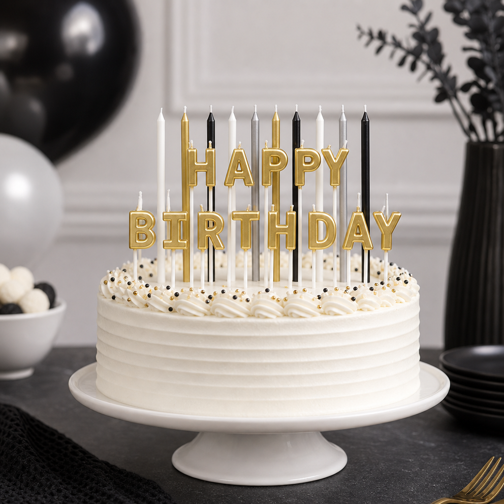 96 Pieces Black and Gold Happy Birthday Cake Candle Decoration, 14.5 cm