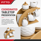 48 Pieces Ceramic Tea and Coffee Set with Wooden Stand, White and Natural Wood, 15 Pieces