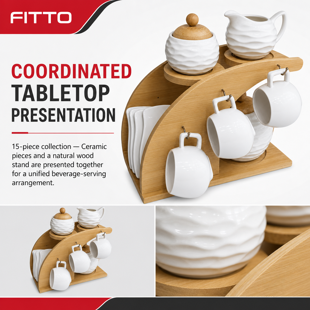 48 Pieces Ceramic Tea and Coffee Set with Wooden Stand, White and Natural Wood, 15 Pieces