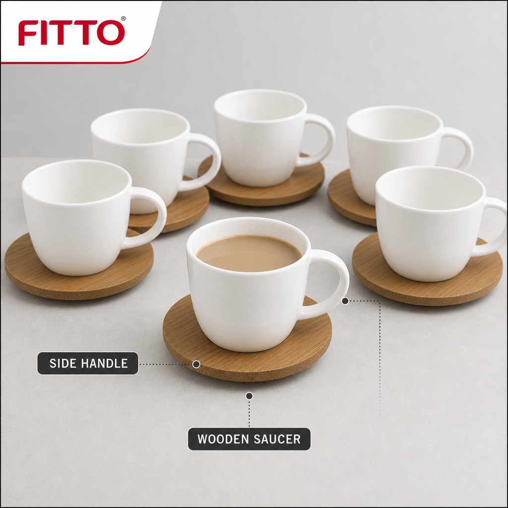 60 Pieces Ceramic Tea and Coffee Cups with Side Handles and Wooden Saucers, White and Natural Wood, 6 Pieces