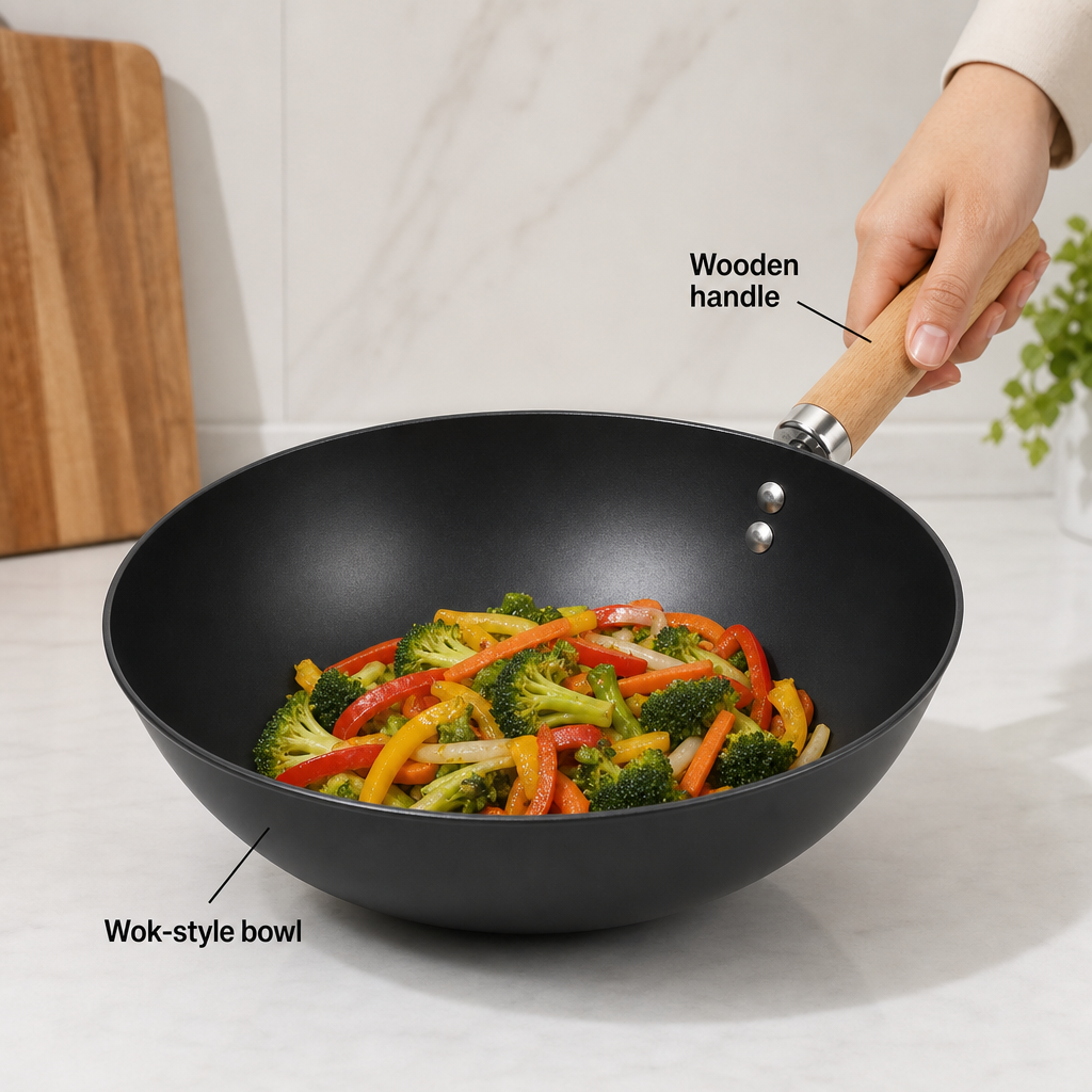 96 Pieces Non-Stick Wok Frying Pan with Wooden Handle, 25 cm