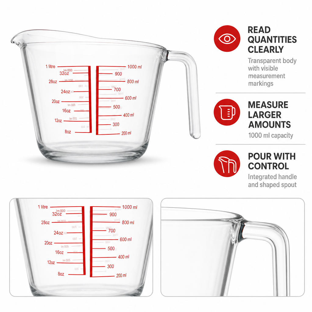 96 Pieces Tempered Glass Measuring Jug, 1000 ml, Clear, 1 Piece with Measurement Markings