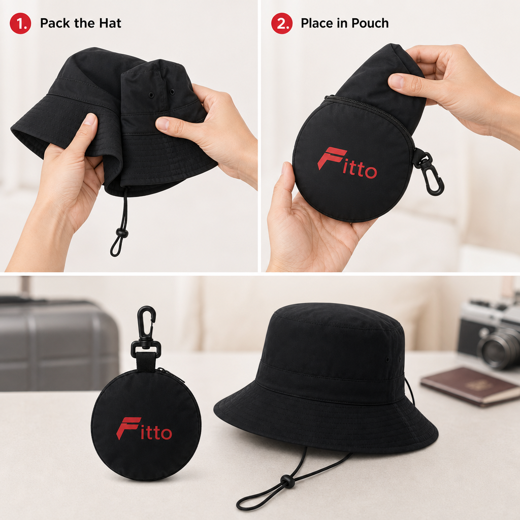 96 Pieces Packable Bucket Hat with Carry Pouch, Black, 1 Piece
