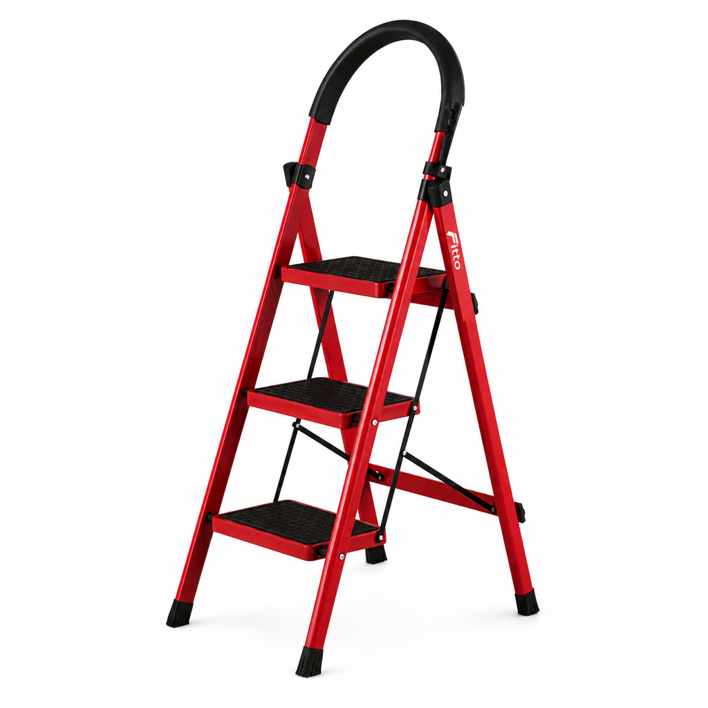 48 Pieces Red 3-Step Folding Metal Step Ladder, 110 x 42 cm, 1 Piece