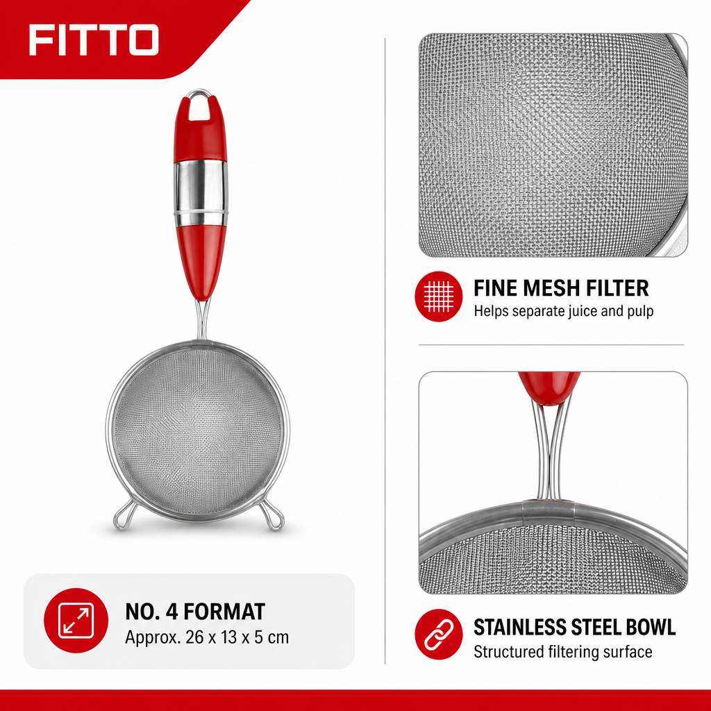 96 Pieces Stainless Steel Juice Strainer No. 4, Fine Mesh Kitchen Sieve with Red Handle, Single Piece
