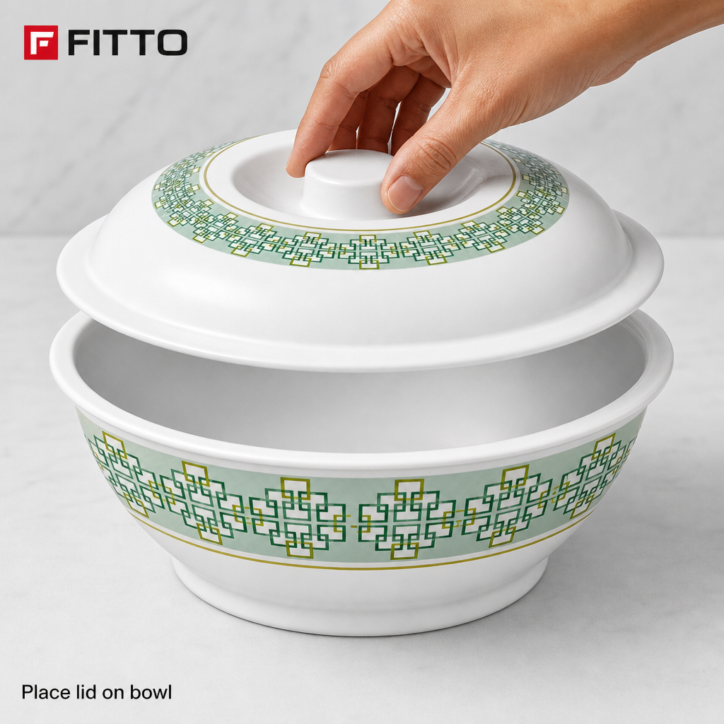 96 Pieces Lidded Serving Bowl, 8 Inch, White With Green Geometric Design