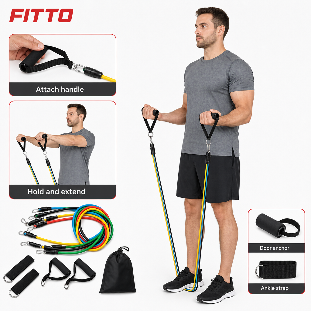 72 Pieces Resistance Bands Set, 11-Piece Home Workout Kit with Handles, Ankle Straps, Door Anchor and Storage Bag