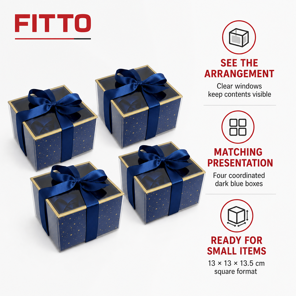72 Pieces Dark Blue Square Presentation Boxes with Clear Window and Ribbon, 13 × 13 × 13.5 cm, 4 Pieces