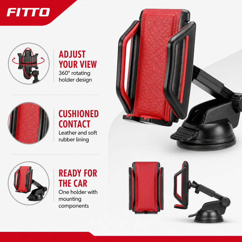 96 Pieces 360° Rotatable Universal Car Phone Holder with Leather and Soft Rubber Lining, Red
