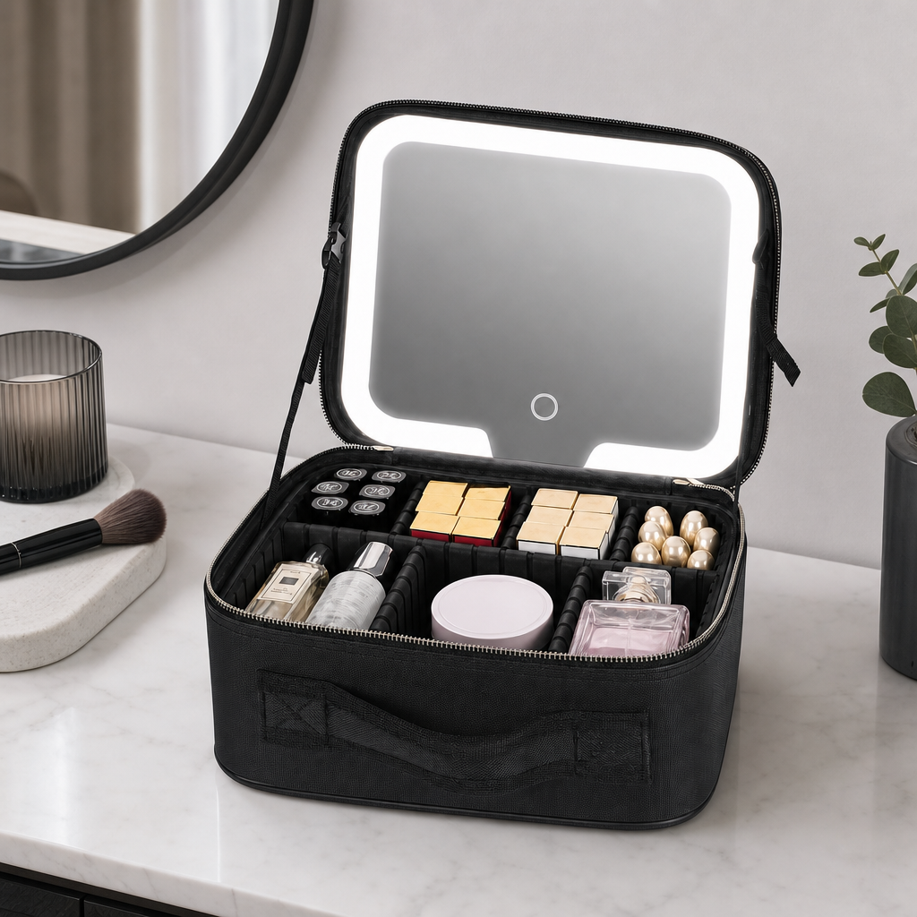 48 Pieces Makeup Organiser Case with LED Mirror, Storage Compartments, USB-C Cable and Black Portable Design, 1 Case