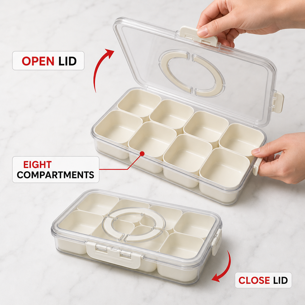 96 Pieces Clear 8-Compartment Food Storage Box with Locking Lid, 29 × 21 × 6.5 cm