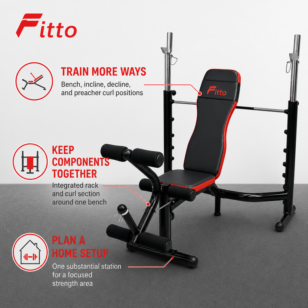 48 Pieces Adjustable Weight Benches with Barbell Rack and Preacher Curl, Multi-Position Steel Frame, 130 kg Capacity