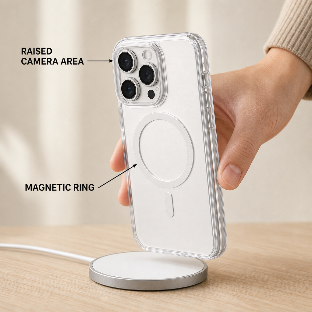 96 Pieces Crystal Clear Magnetic Phone Cases with Ring for Wireless Charging, Raised Camera Protection, iPhone 15 Pro
