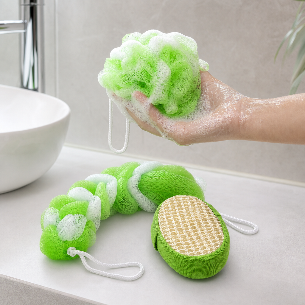 144 Pieces Assorted Colour Bath and Body Scrubber Set, Loofah, Mesh Puff and Brush, 3-Piece Personal Cleansing Set