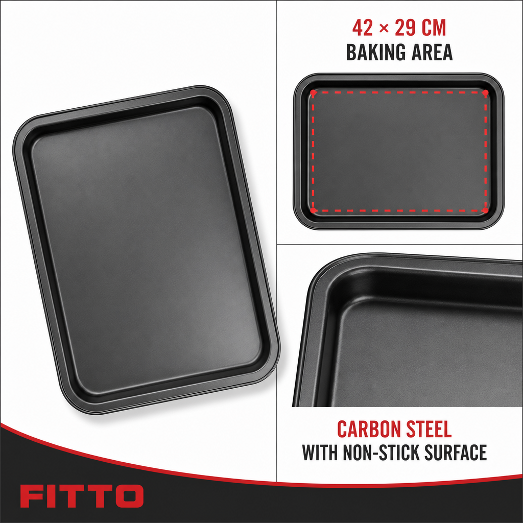 96 Pieces Black Rectangular Carbon Steel Non-Stick Baking Tray, 42 × 29 cm, 1 Piece