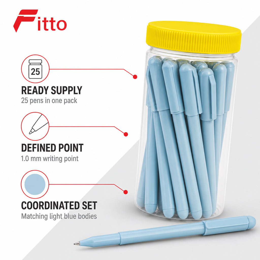 96 Pieces Ballpoint Pens, 1.0 mm, Light Blue Body, 25 Pack