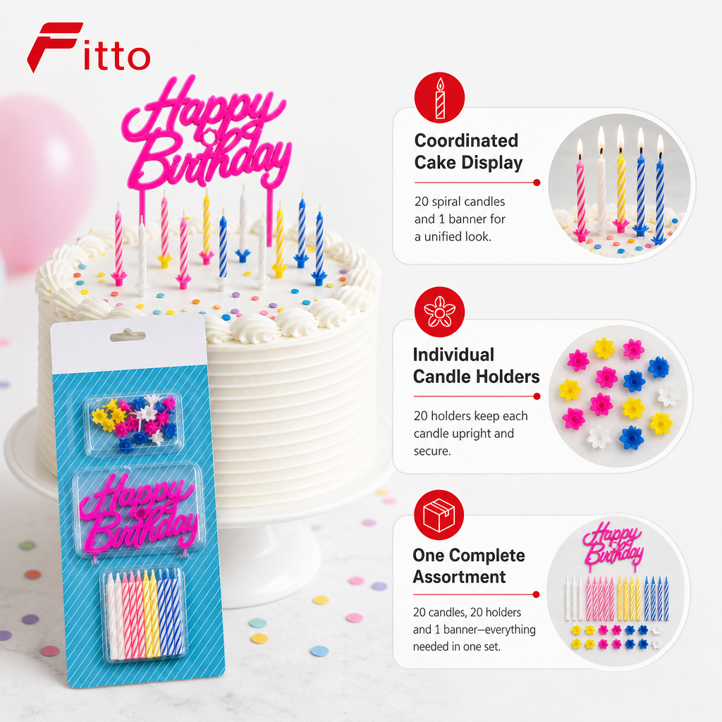 240 Pieces Happy Birthday Candle Set, 20 Candles With 20 Holders and Birthday Banner for Cake Party Decorations