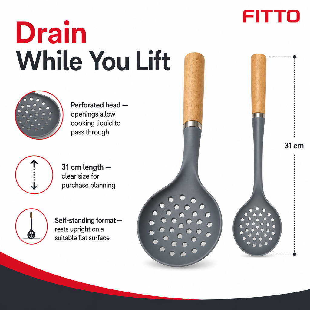 96 Pieces Self-Standing Skimmer with Wooden Handle, Perforated Kitchen Utensil, Gray Head, 31 cm