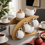 48 Pieces Ceramic Tea and Coffee Set with Wooden Stand, White and Natural Wood, 15 Pieces