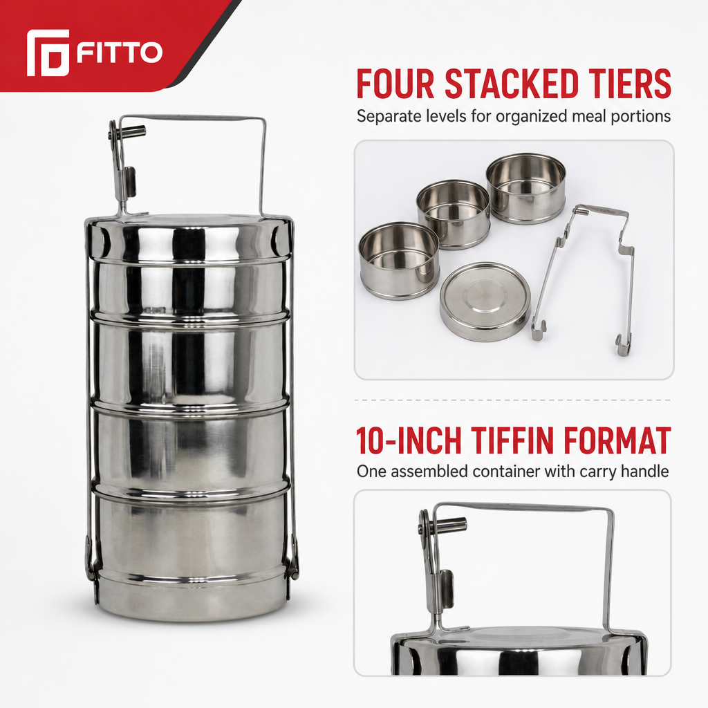 60 Pieces Stainless Steel Tiffin Lunch Box, 10 Inch, 4 Tier Stackable Meal Container with Carry Handle