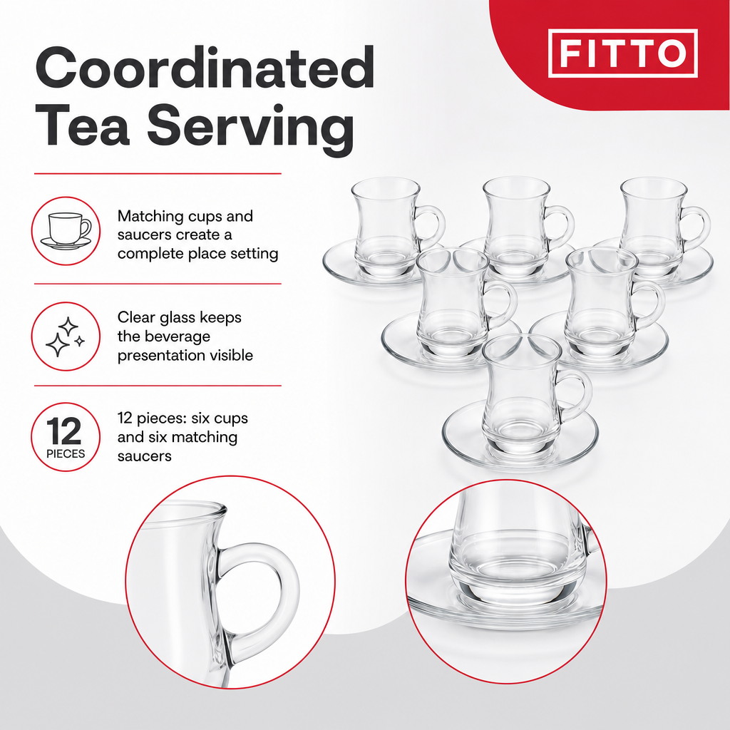 60 Pieces Clear Glass Tea Cup and Saucer Set, 12 Pieces