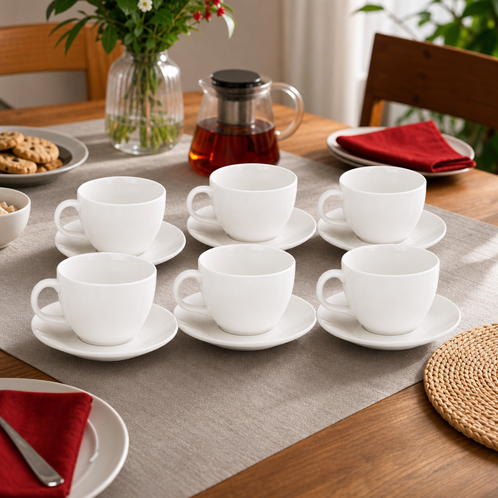 60 Pieces Ceramic Tea and Coffee Cups with Saucers, White, 6-Piece Set