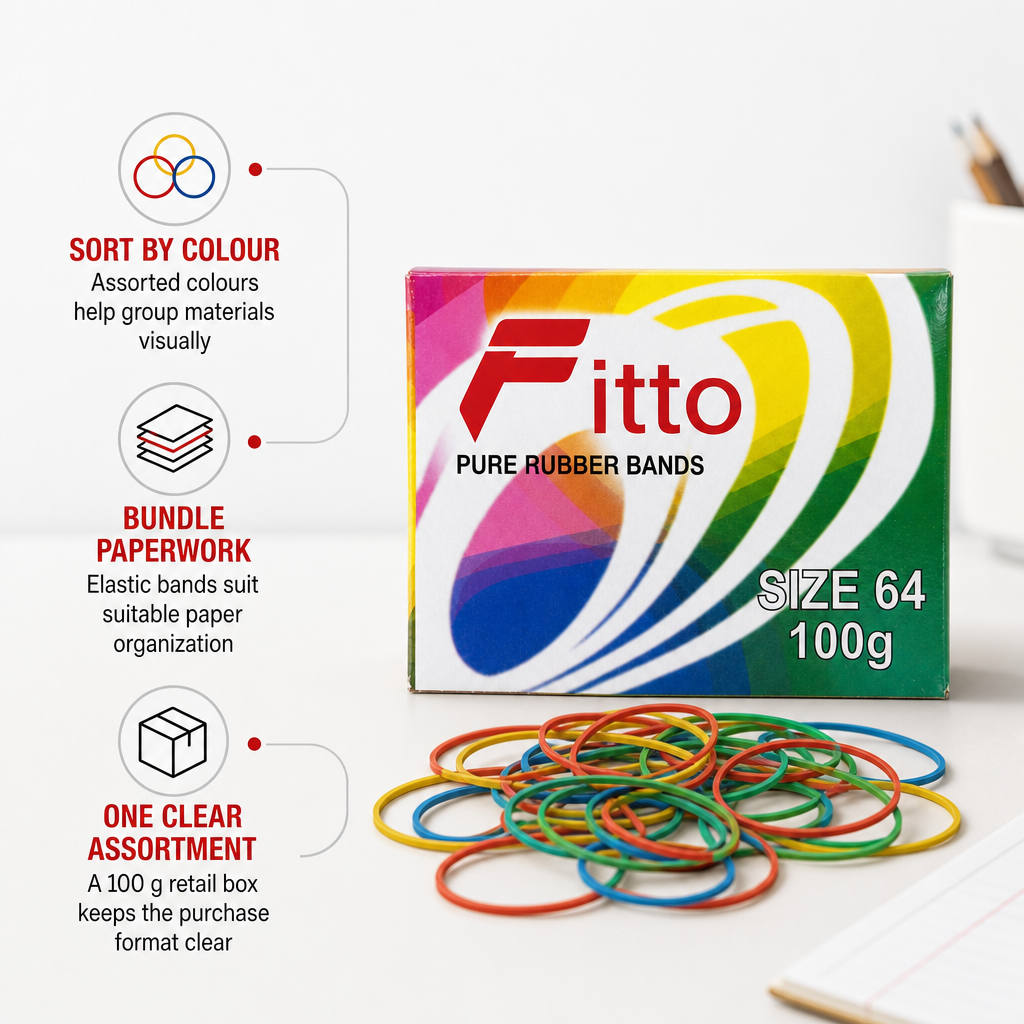 144 Pieces Assorted Colour Size 64 Rubber Bands, 100 g Retail Box for Office, School and Craft Use