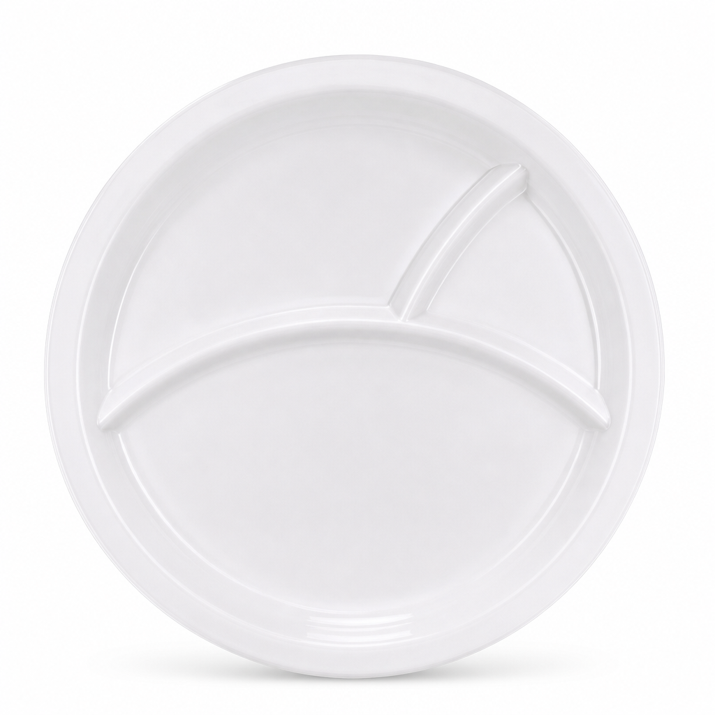 96 Pieces White Round Divided Serving Plate with 3 Compartments, 28 cm, 1 Piece