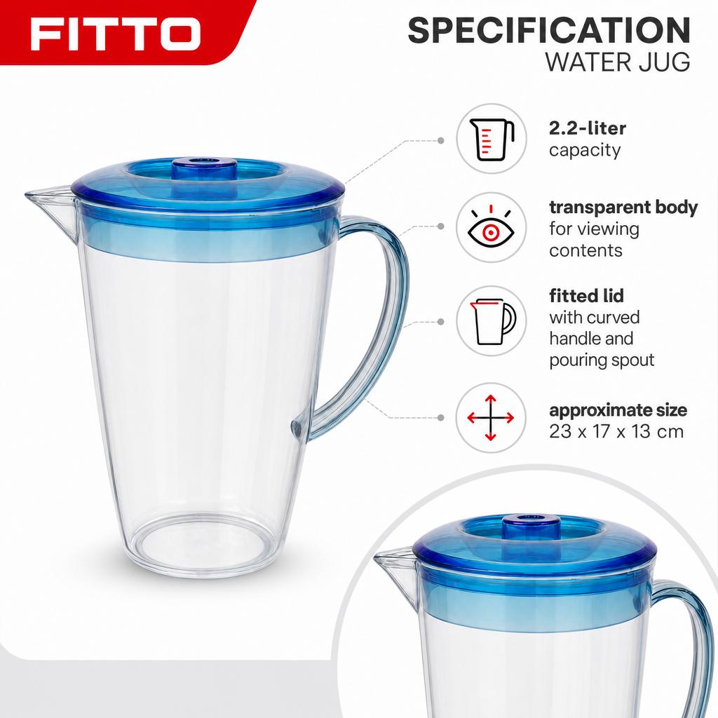 96 Pieces Plastic Water Jugs with Lid and Handle, 2.2 Liter Transparent Round Pitcher, Assorted Colour, 1 Piece