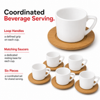 60 Pieces Ceramic Tea and Coffee Cups with Looped Handles and Wooden Saucers, White and Natural Wood, 6 Pieces