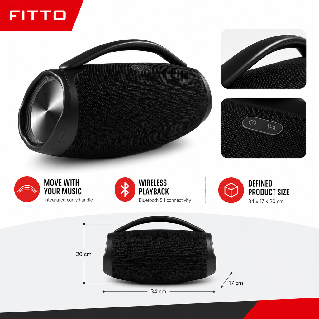 48 Pieces Wireless Boombox Speaker with Carry Handle, Bluetooth 5.1, Black