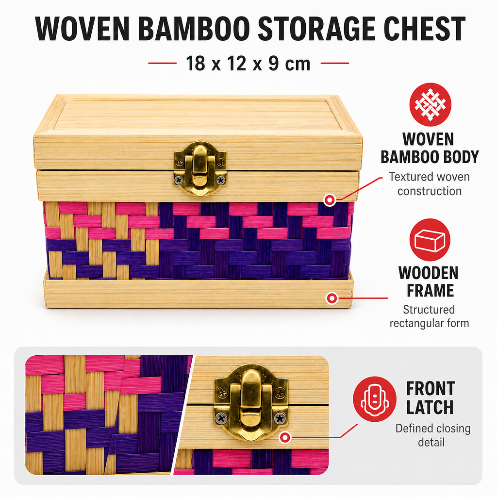 96 Pieces Woven Bamboo Storage Chest with Wooden Frame and Latch, 18 x 12 x 9 cm