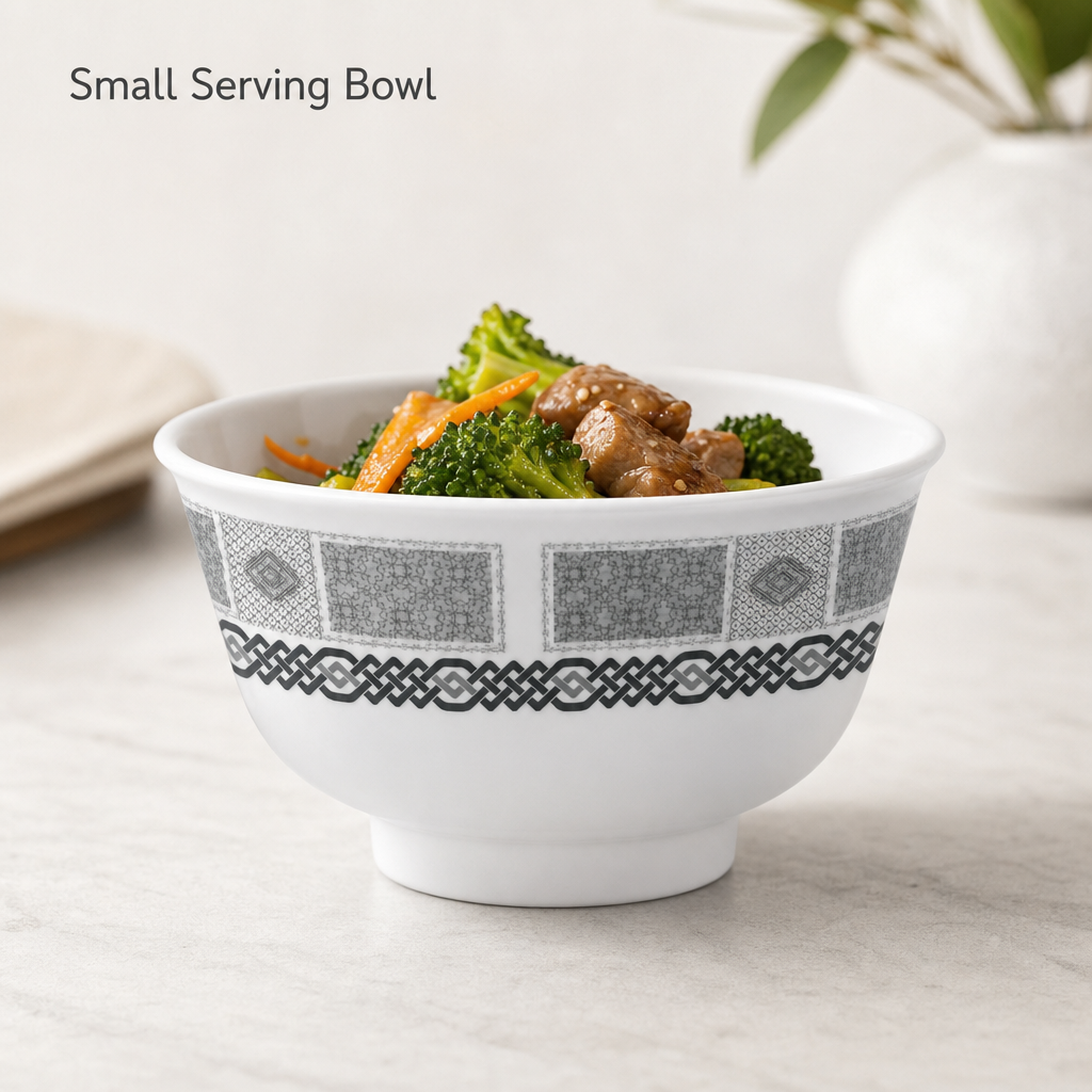 144 Pieces Rice Bowl, 4 Inch, Grey With Geometric Border, Single Tablewares Bowl for Side Portions and Serving