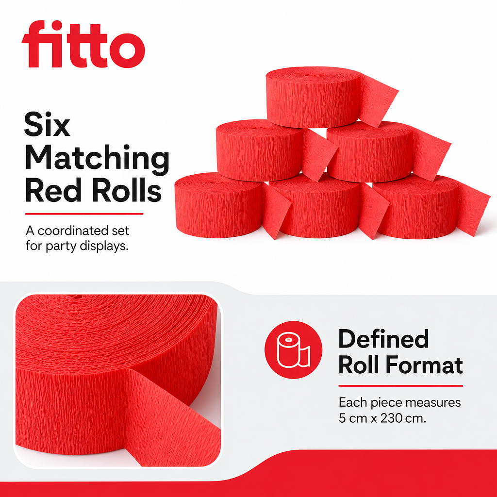 144 Pieces Red Paper Party Decorations Rolls, 5 cm x 230 cm, 6 Pieces for Celebrations and Venue Styling